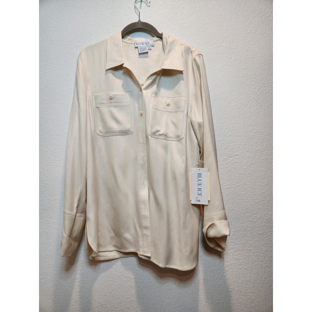 Blue Ice & Co Silk Wool Herringbone Button Up Blouse Cream Women Size 10 NWT